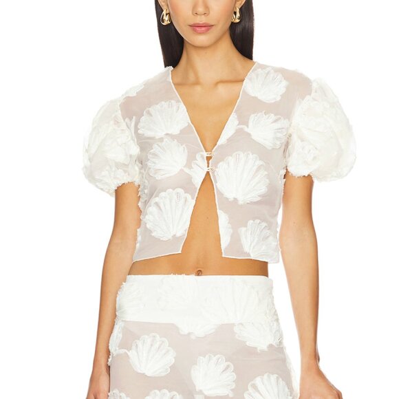 NEW House of Sunny Scattered Shell Blouse Marble White Cream Sheer Crop Top Tee - Picture 1 of 4